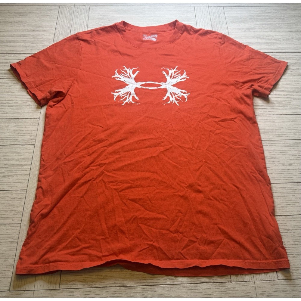Under Armour Hunting Antlers T-Shirt Men's XL Loose Fit‎ Orange Cotton Heat Gear